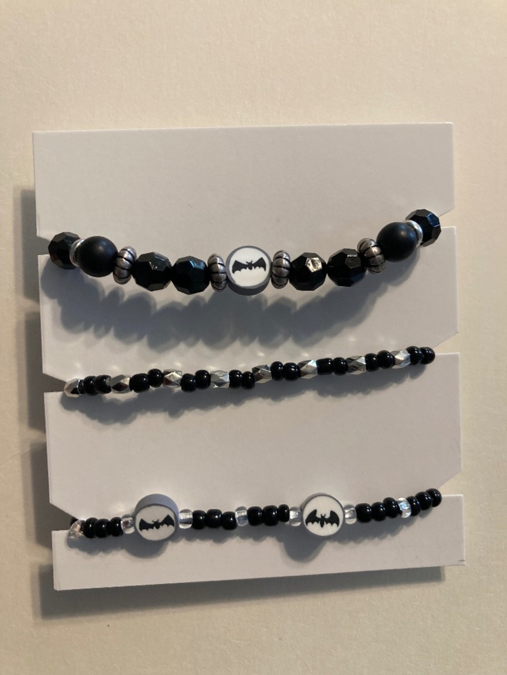 Black White Bat Halloween Pre-Stretched Elastic Bracelet Set - 6.5”